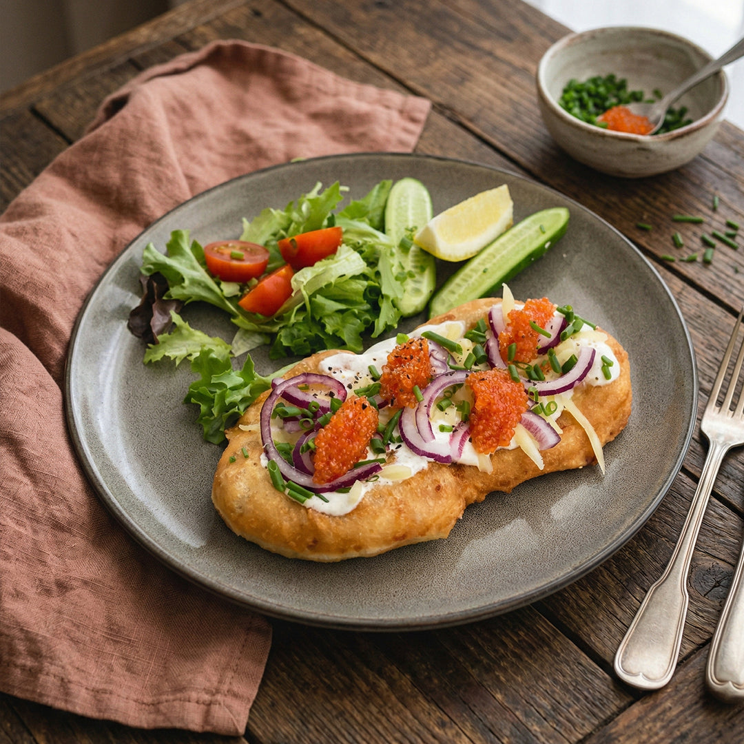 Langos med musselgräddfil