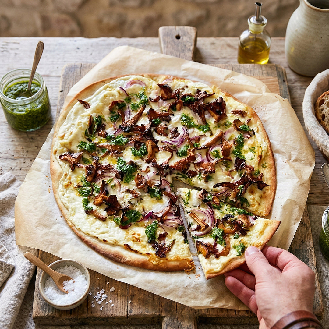 Kantarellpizza med mussel- & dillolja